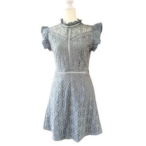 Altar'd State Lace Victorian Mini Dress Womens S Dusty Blue Ruffled High Collar